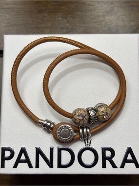Authentic PandoraTan Leather Double Wrap Charm Bracelet with Floral Accents